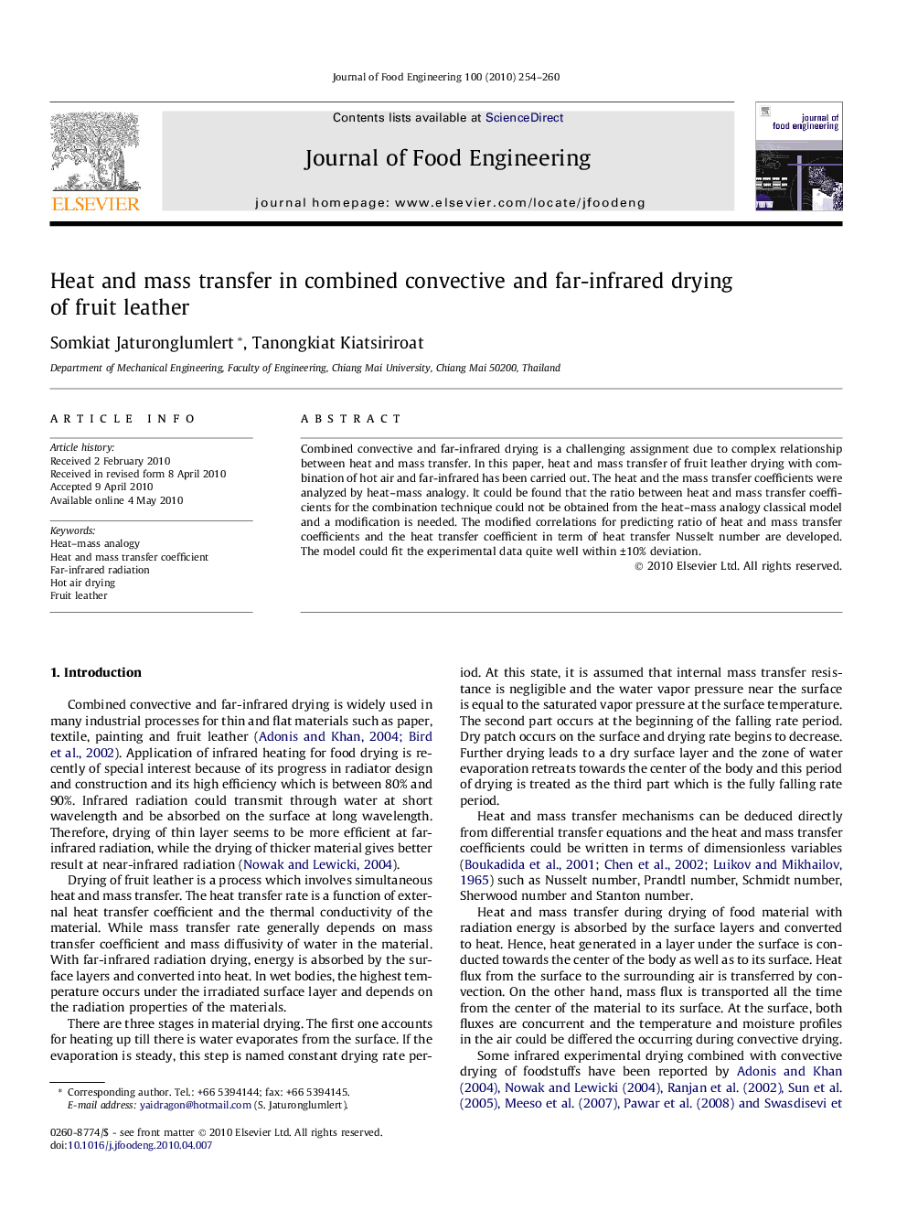 Heat and mass transfer in combined convective and far-infrared drying of fruit leather