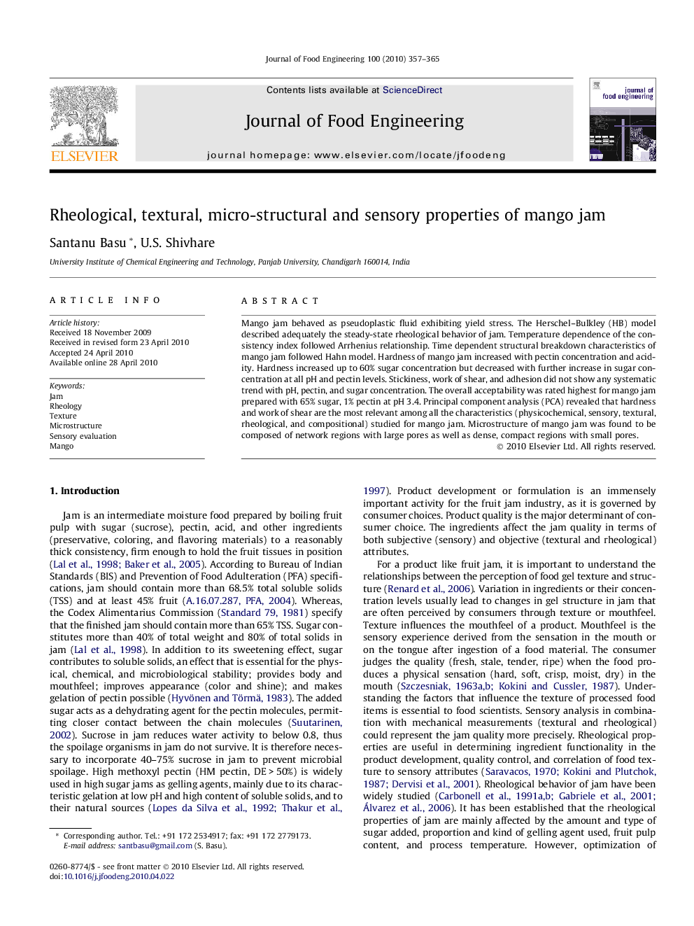 Rheological, textural, micro-structural and sensory properties of mango jam