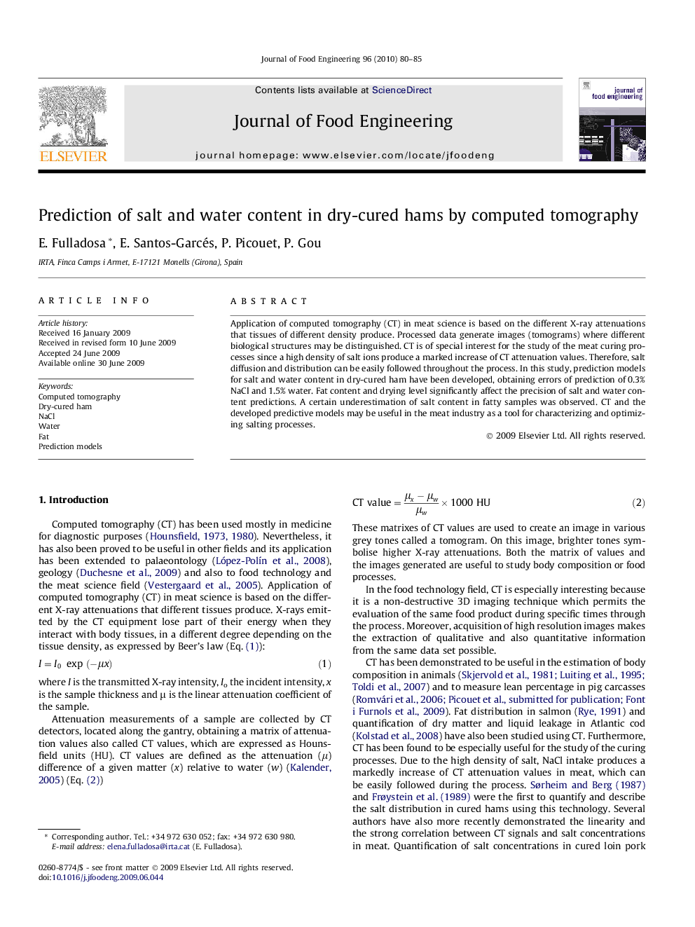 Prediction of salt and water content in dry-cured hams by computed tomography