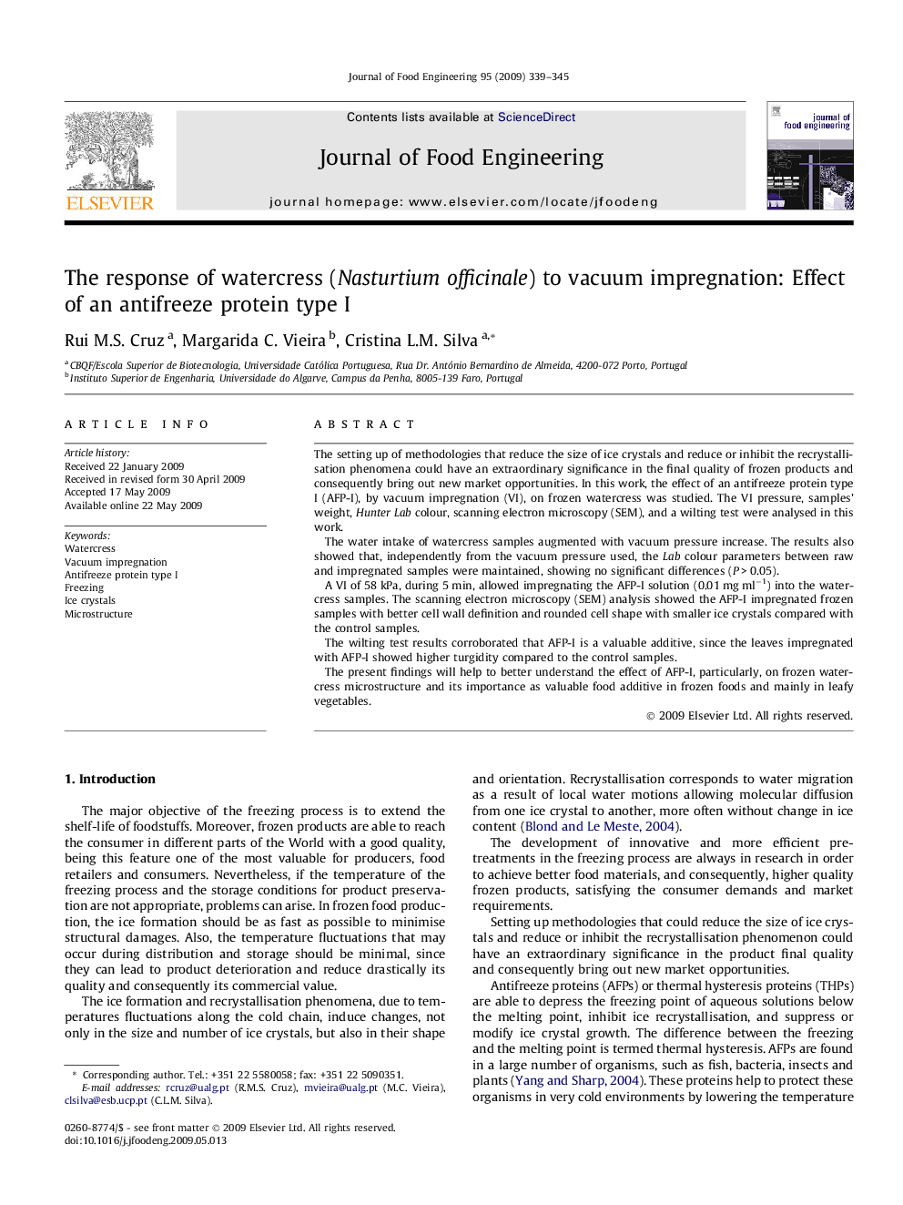 The response of watercress (Nasturtium officinale) to vacuum impregnation: Effect of an antifreeze protein type I