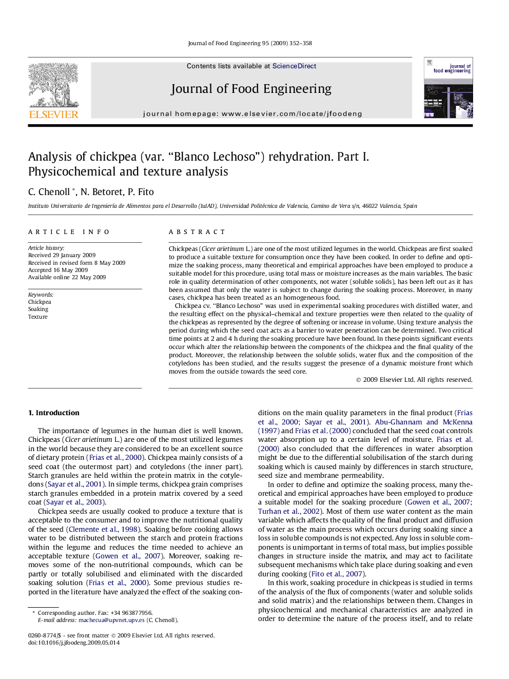 Analysis of chickpea (var. “Blanco Lechoso”) rehydration. Part I. Physicochemical and texture analysis