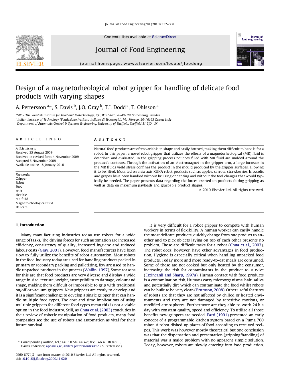 Design of a magnetorheological robot gripper for handling of delicate food products with varying shapes