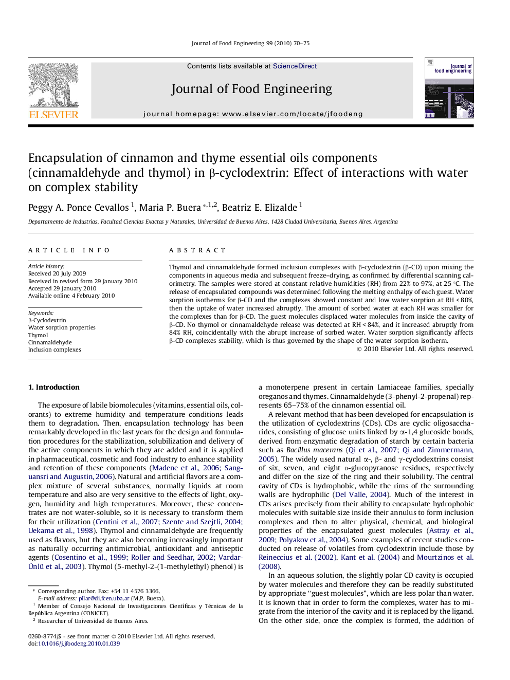 Encapsulation of cinnamon and thyme essential oils components (cinnamaldehyde and thymol) in β-cyclodextrin: Effect of interactions with water on complex stability