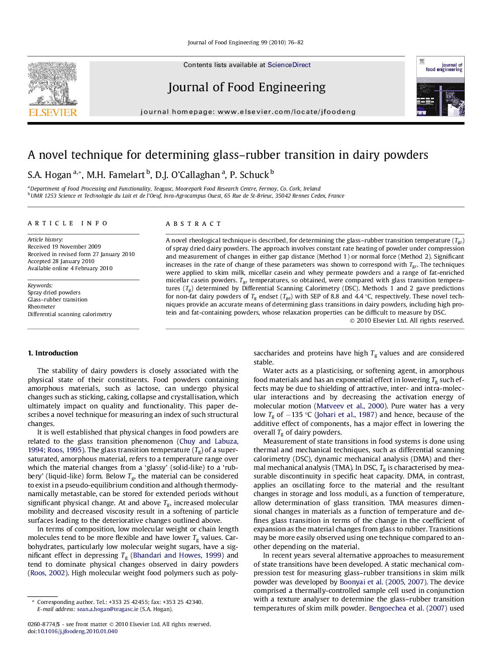 A novel technique for determining glass–rubber transition in dairy powders