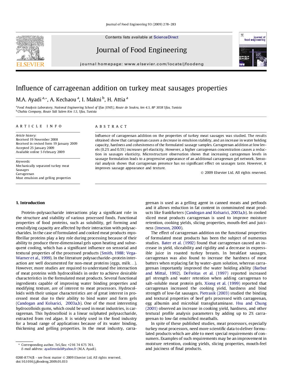 Influence of carrageenan addition on turkey meat sausages properties