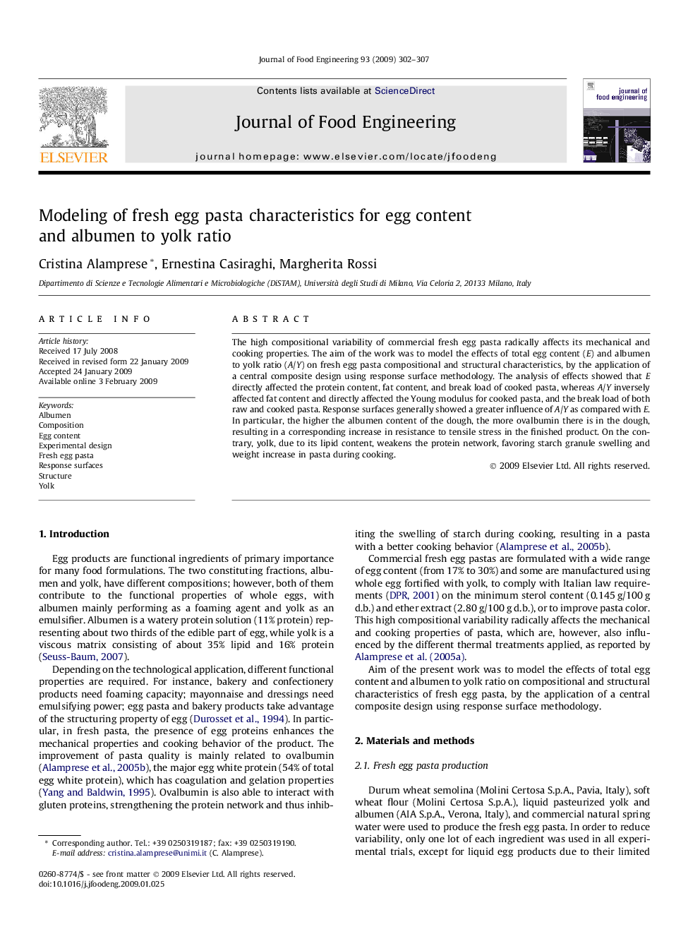 Modeling of fresh egg pasta characteristics for egg content and albumen to yolk ratio