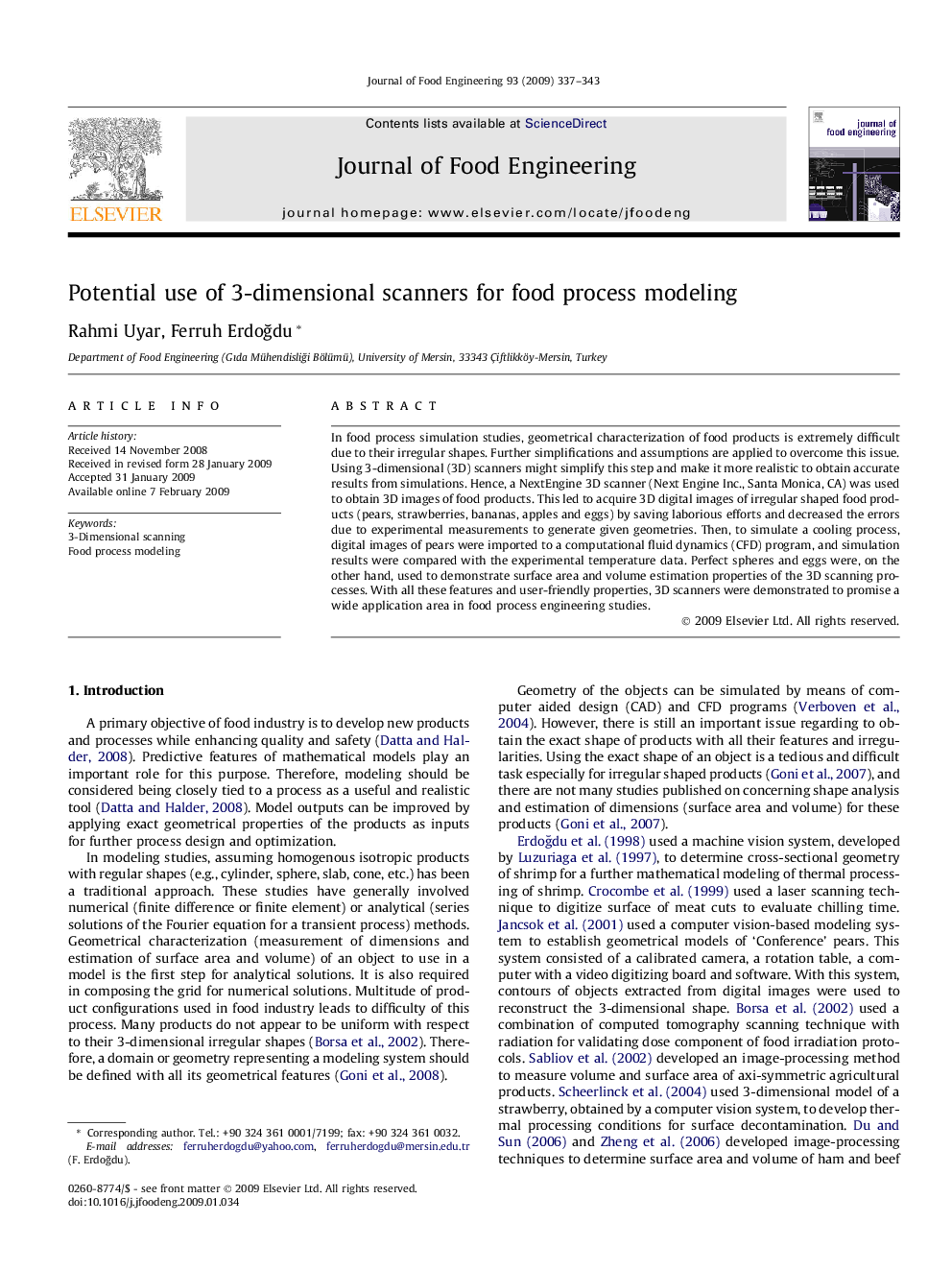 Potential use of 3-dimensional scanners for food process modeling