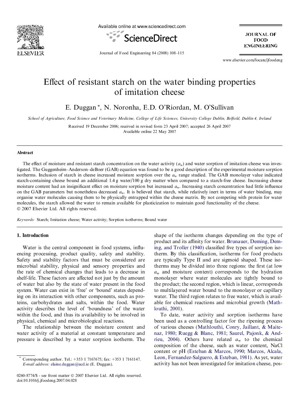 Effect of resistant starch on the water binding properties of imitation cheese