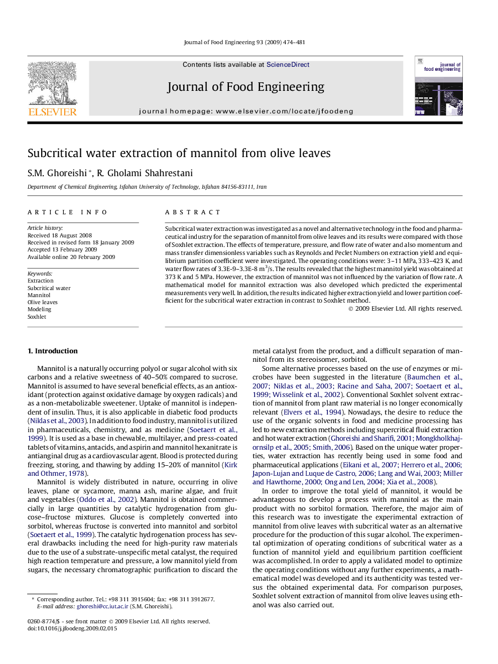 Subcritical water extraction of mannitol from olive leaves