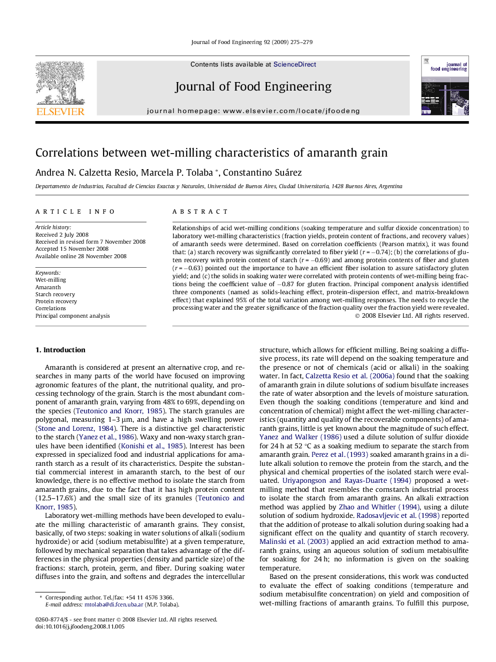 Correlations between wet-milling characteristics of amaranth grain