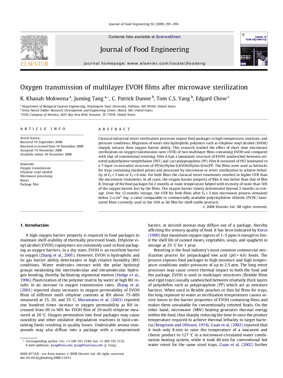 Oxygen transmission of multilayer EVOH films after microwave sterilization