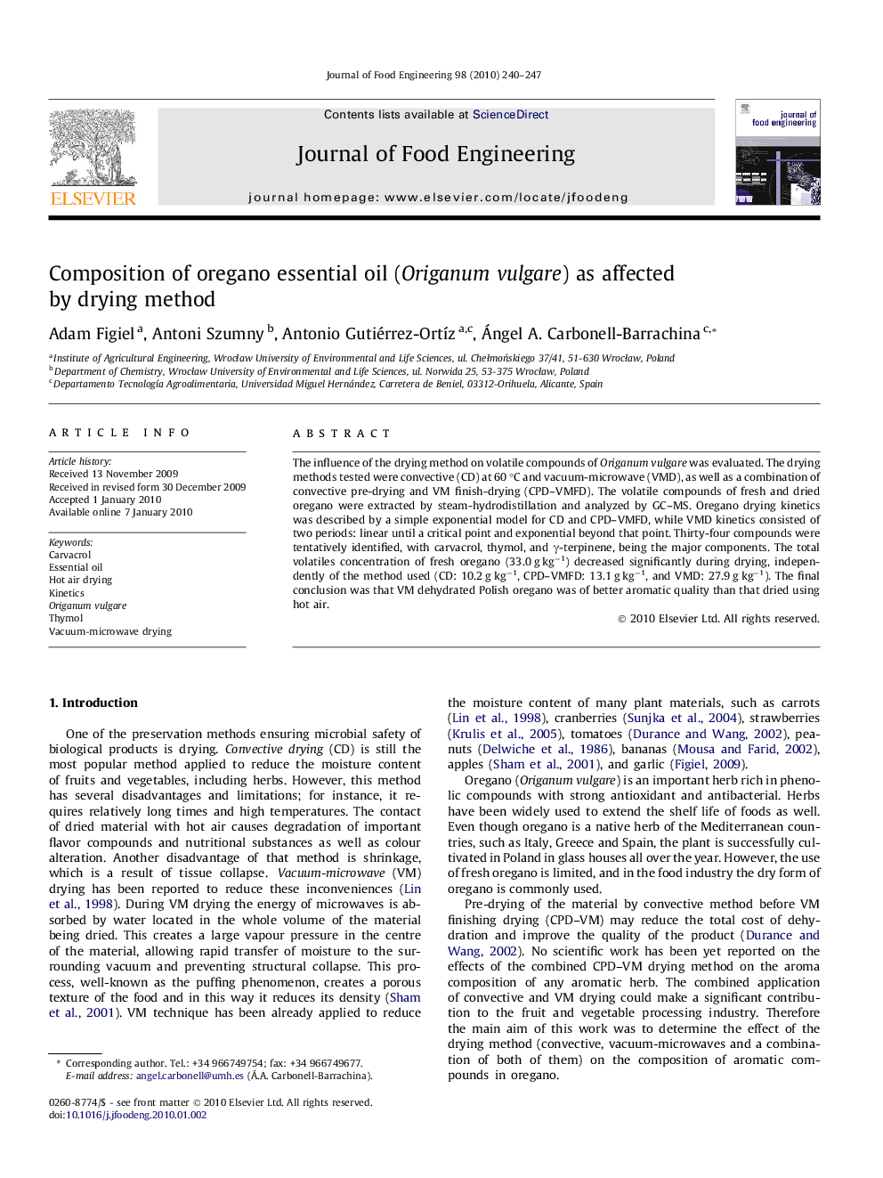 Composition of oregano essential oil (Origanum vulgare) as affected by drying method