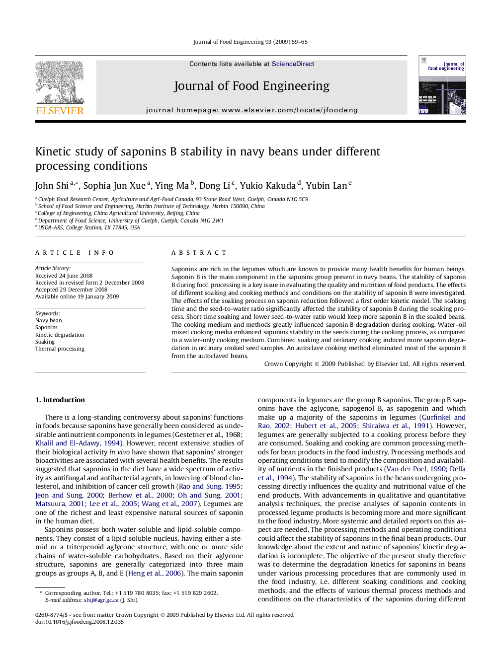 Kinetic study of saponins B stability in navy beans under different processing conditions