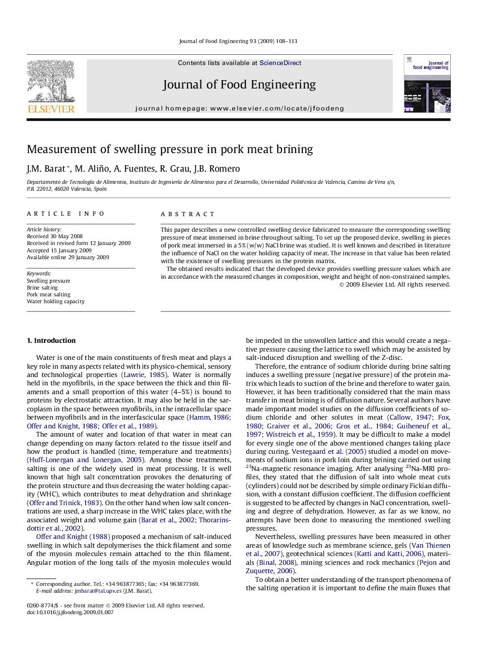 Measurement of swelling pressure in pork meat brining