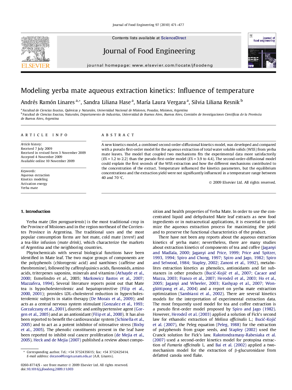 Modeling yerba mate aqueous extraction kinetics: Influence of temperature