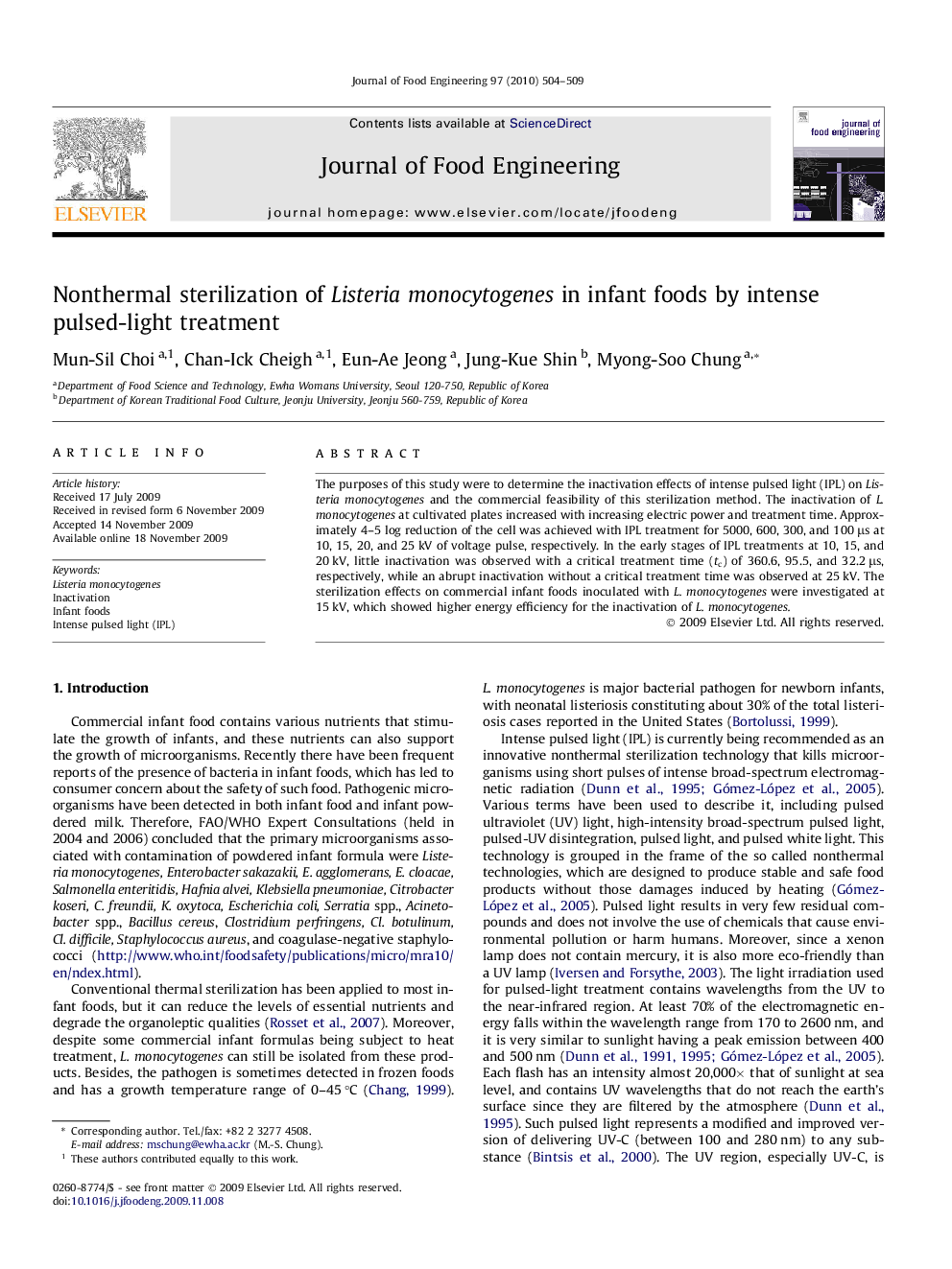 Nonthermal sterilization of Listeria monocytogenes in infant foods by intense pulsed-light treatment