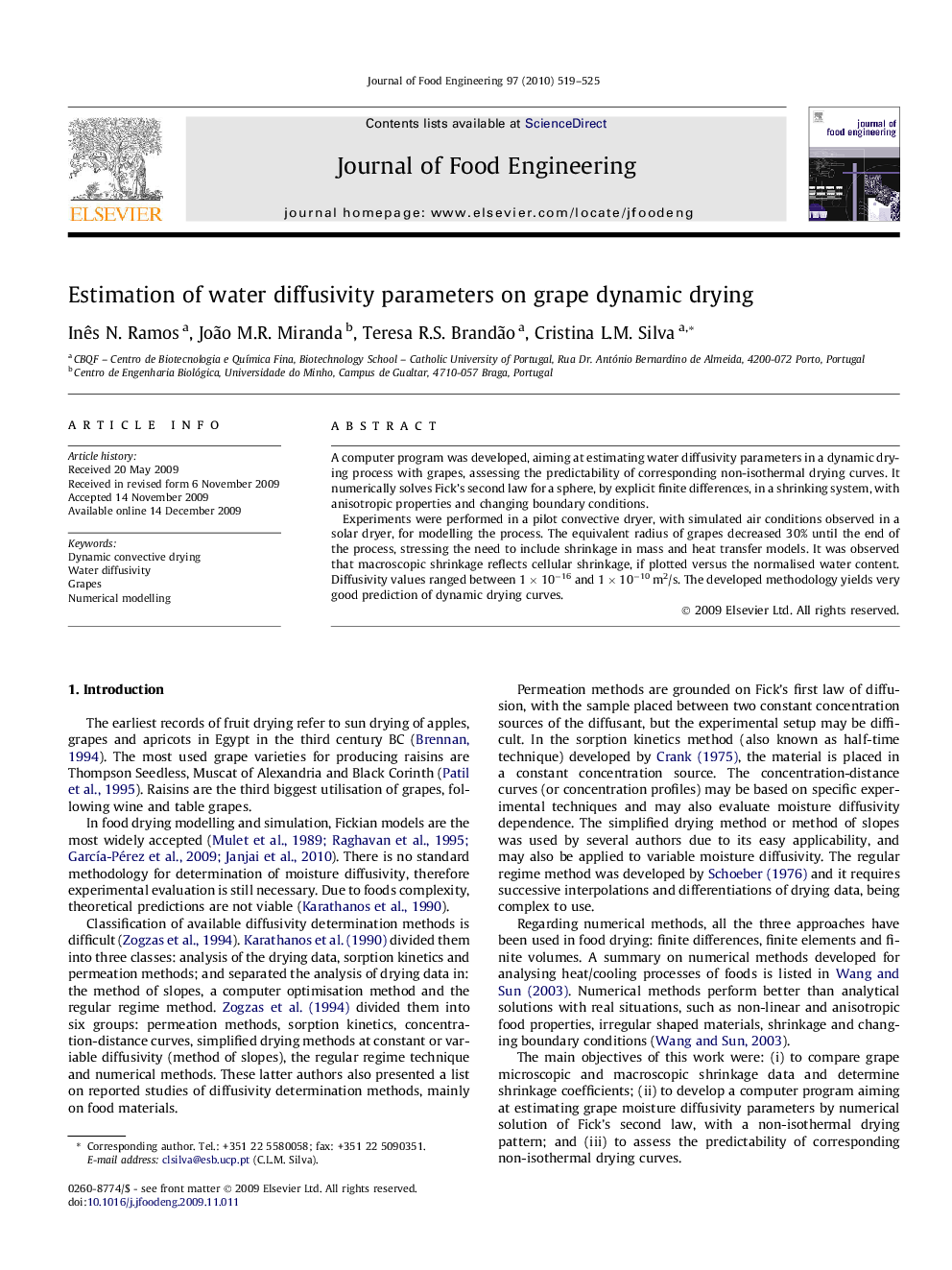 Estimation of water diffusivity parameters on grape dynamic drying