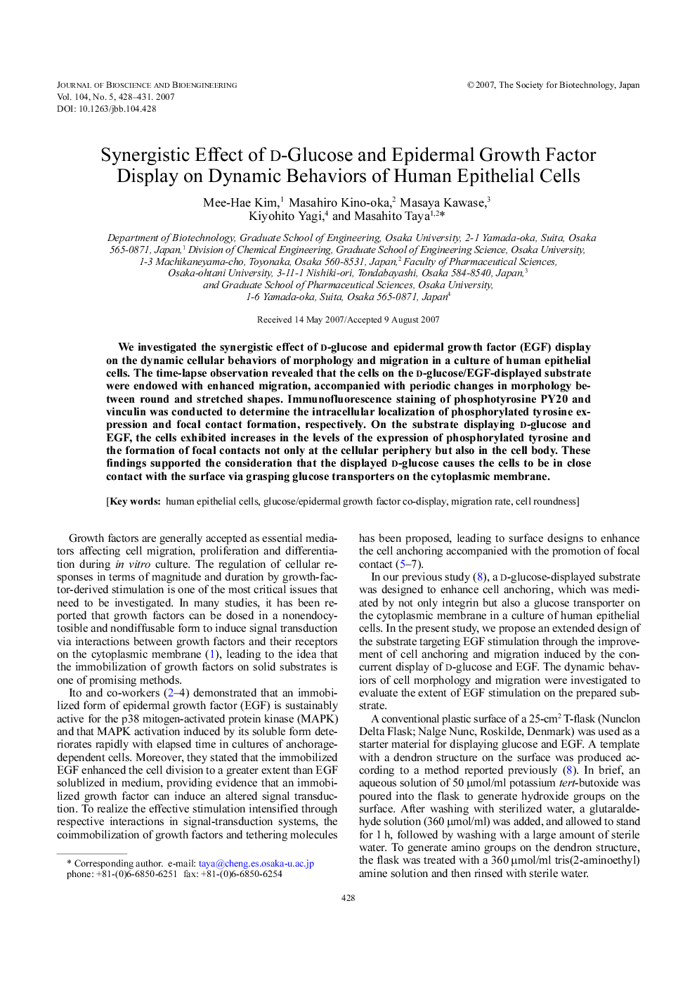 Synergistic Effect of D-Glucose and Epidermal Growth Factor Display on Dynamic Behaviors of Human Epithelial Cells