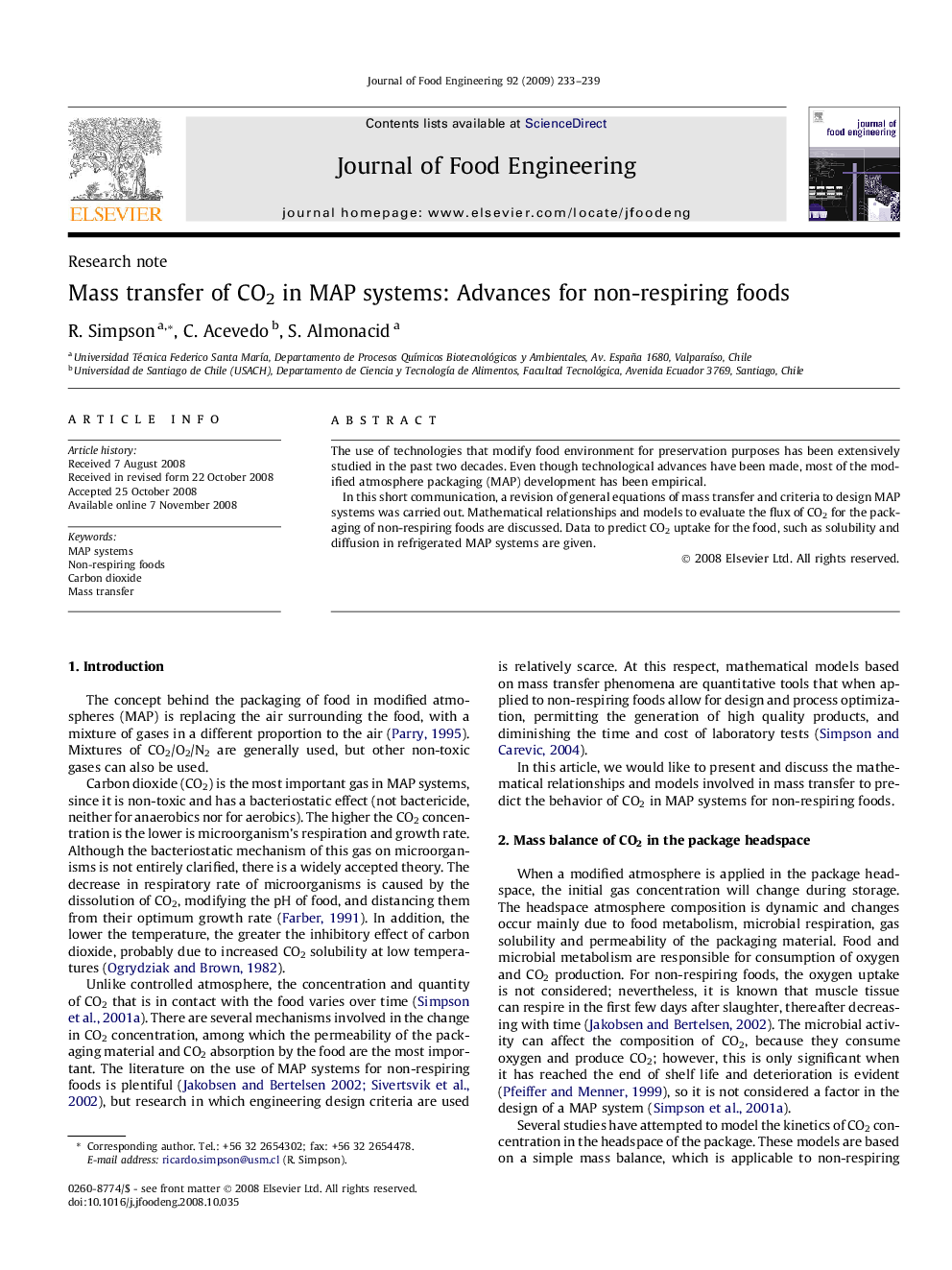 Mass transfer of CO2 in MAP systems: Advances for non-respiring foods