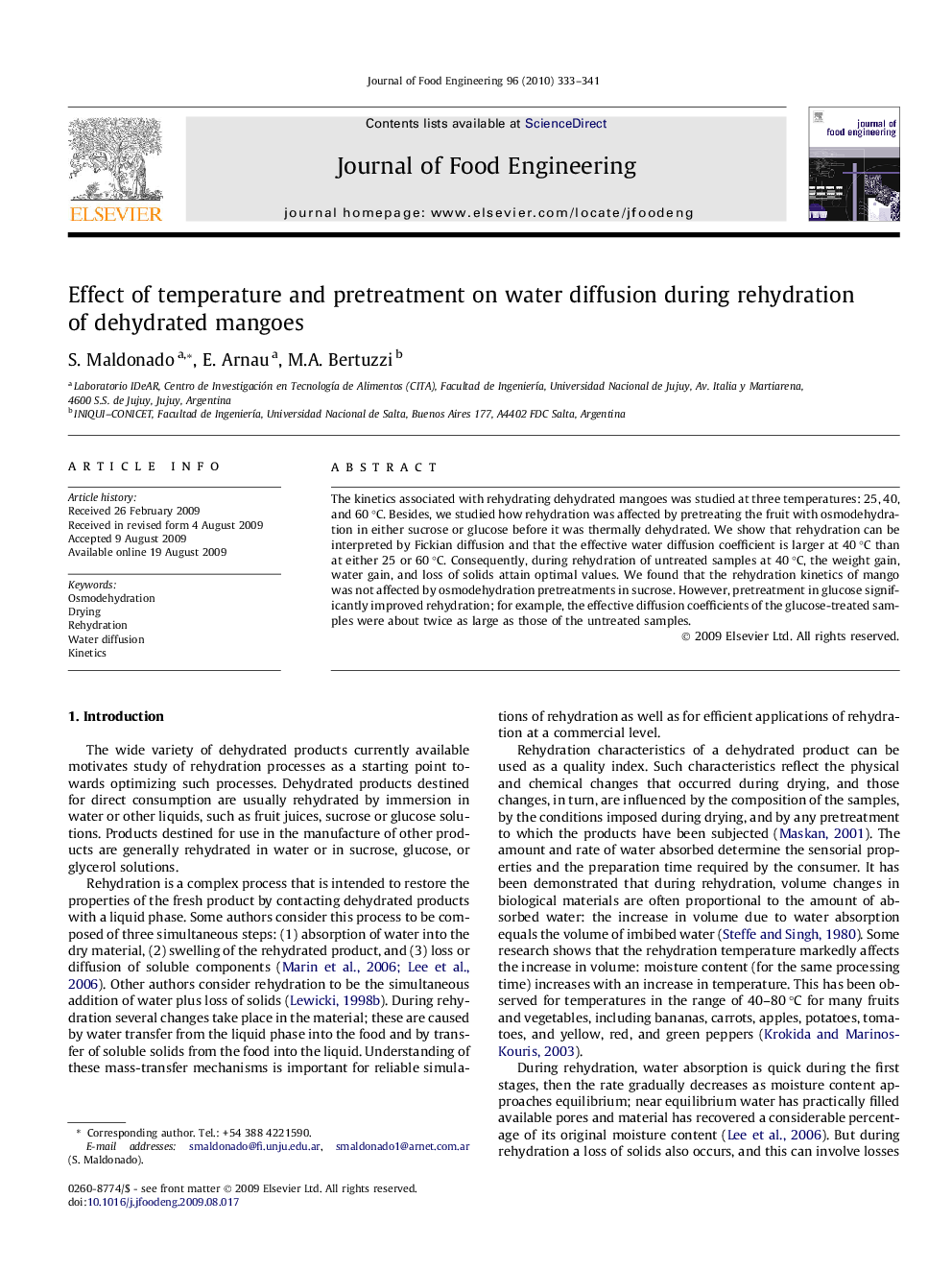 Effect of temperature and pretreatment on water diffusion during rehydration of dehydrated mangoes