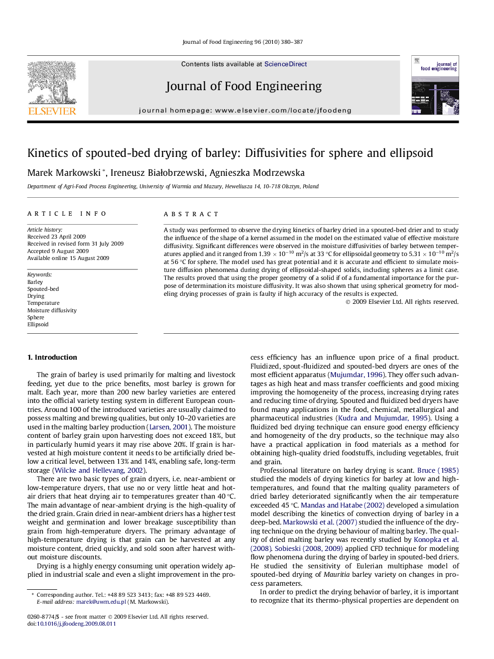 عکس صفحه اول مقاله: Kinetics of spouted-bed drying of barley: Diffusivities for sphere and ellipsoid Kinetics of spouted-bed drying of barley: Diffusivities for sphere and ellipsoid