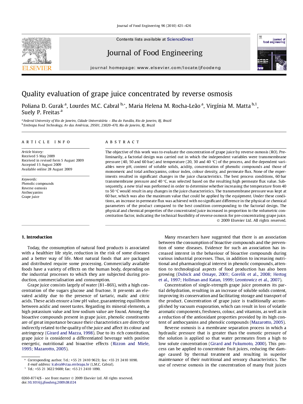 Quality evaluation of grape juice concentrated by reverse osmosis