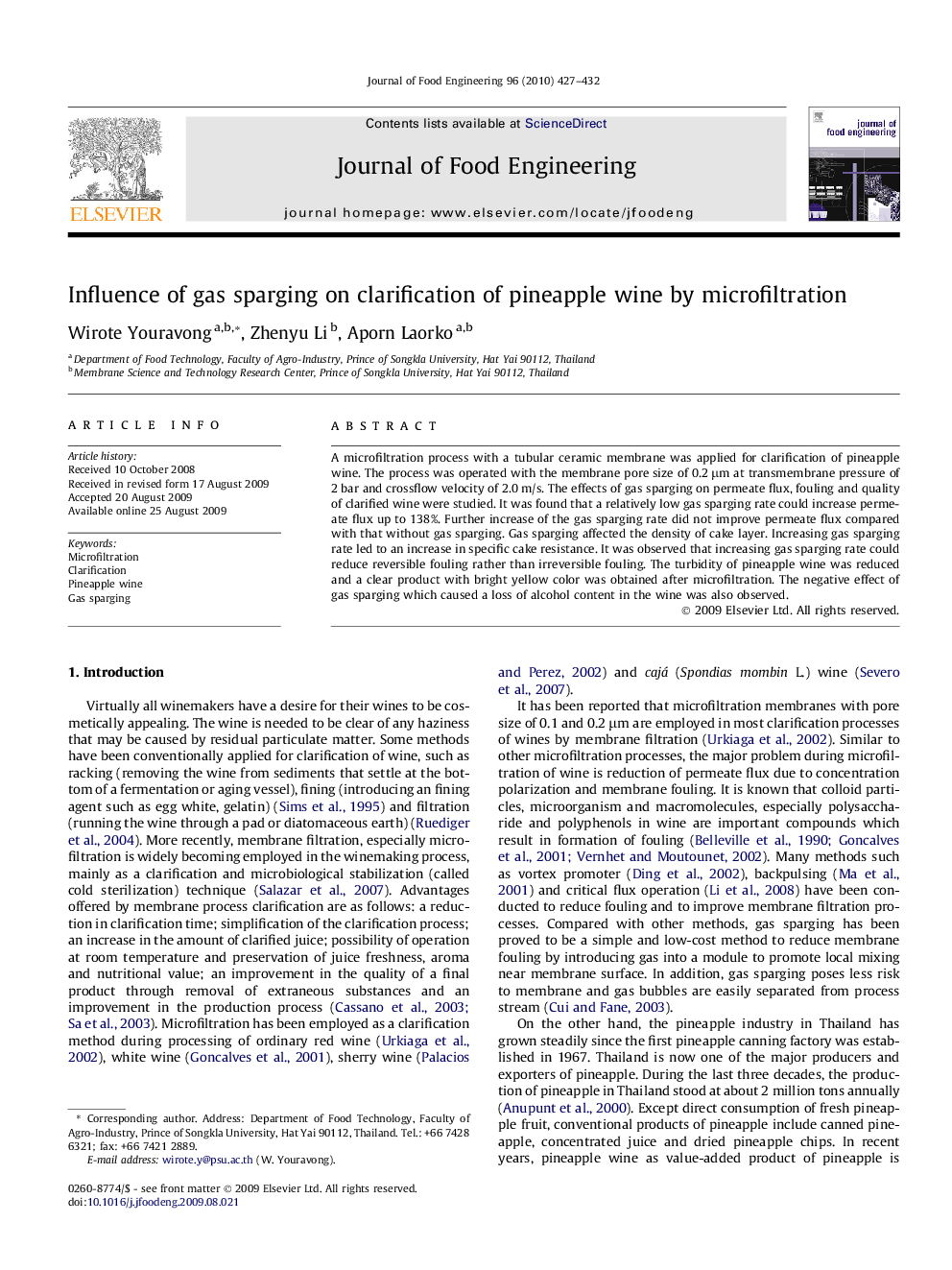 Influence of gas sparging on clarification of pineapple wine by microfiltration