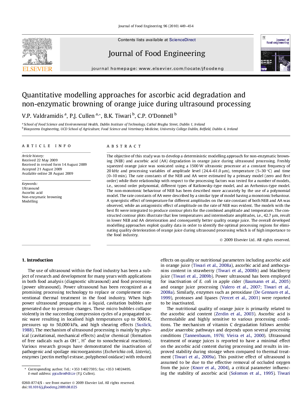 Quantitative modelling approaches for ascorbic acid degradation and non-enzymatic browning of orange juice during ultrasound processing