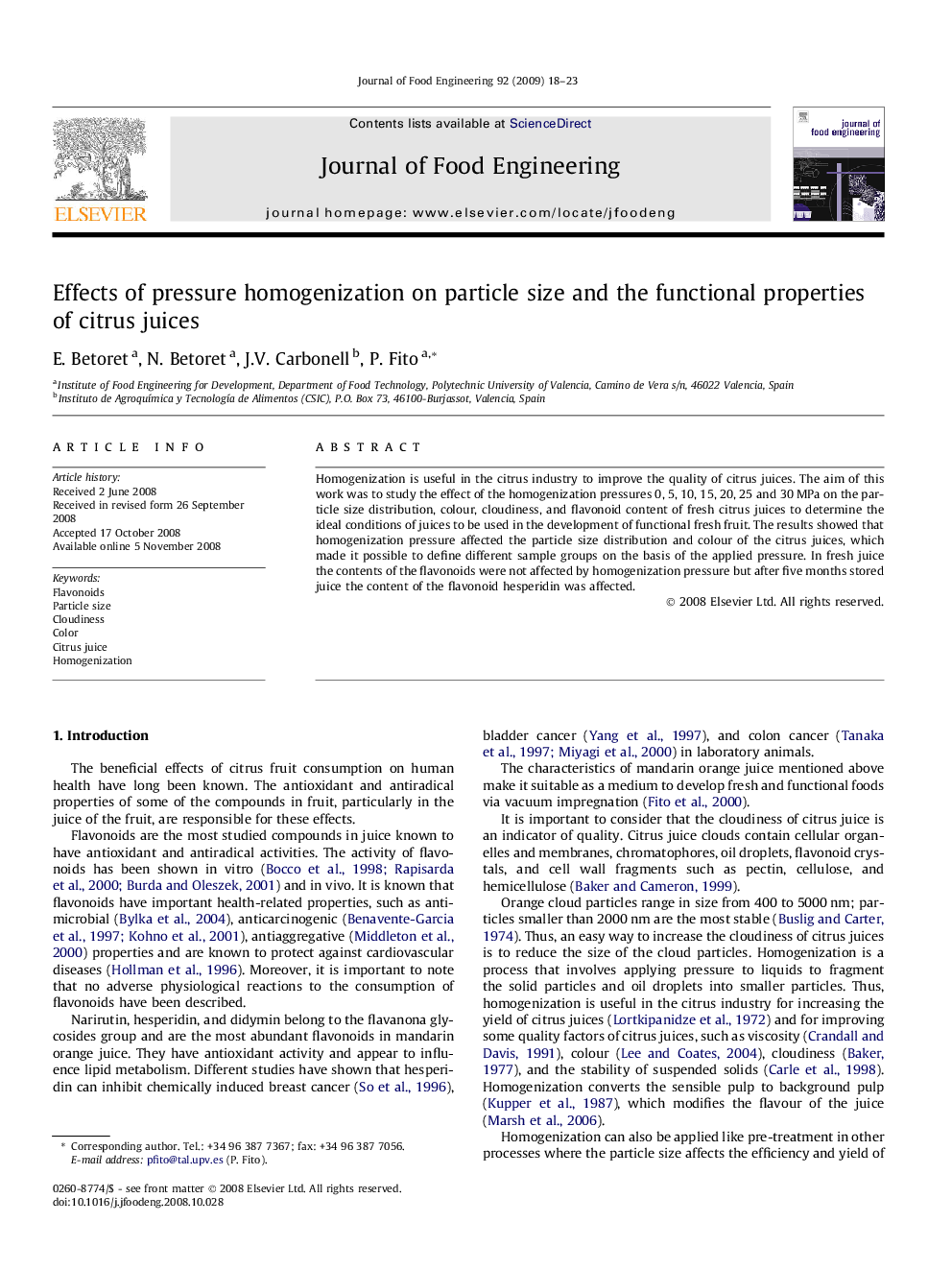 Effects of pressure homogenization on particle size and the functional properties of citrus juices