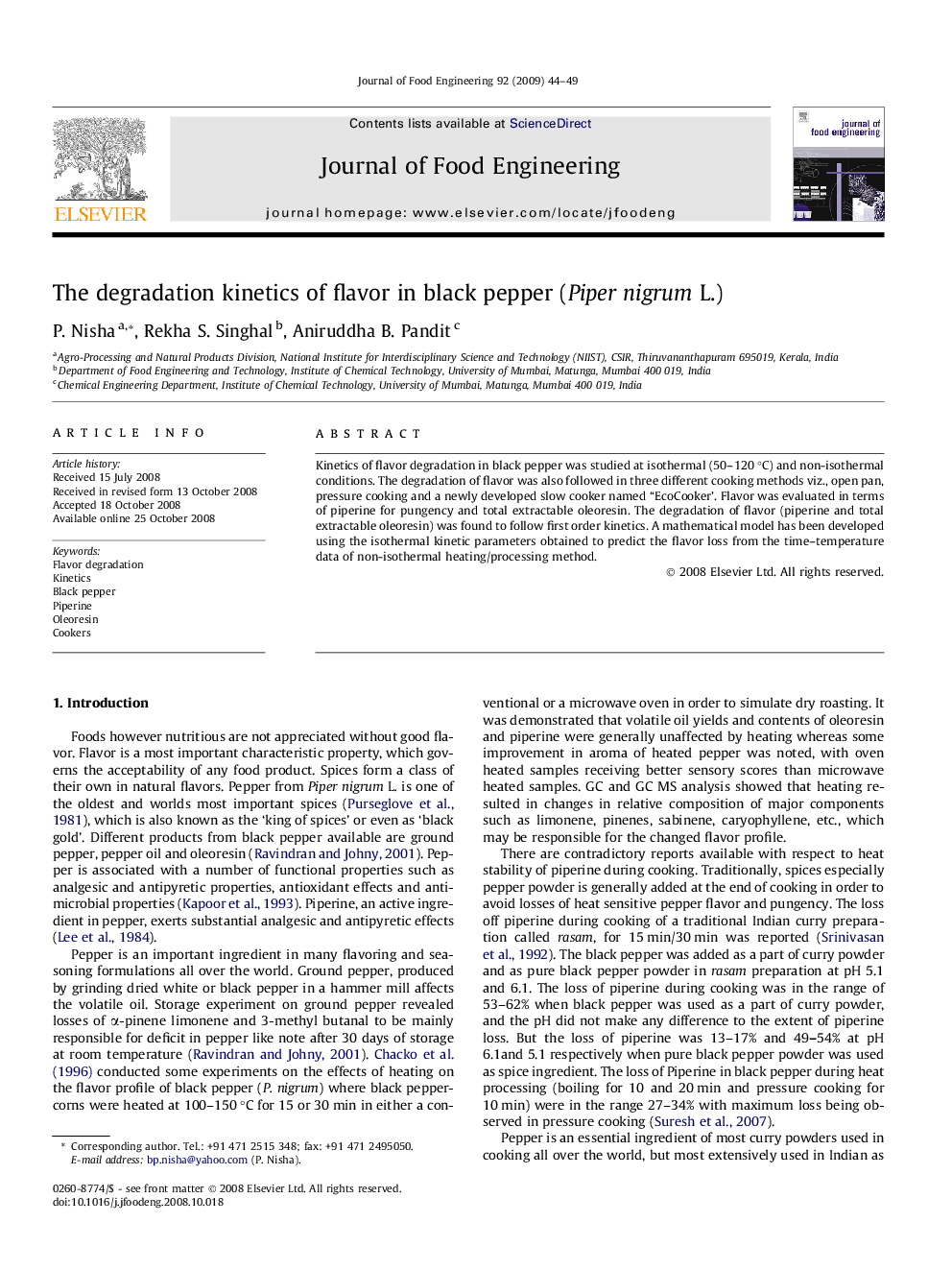 The degradation kinetics of flavor in black pepper (Piper nigrum L.)