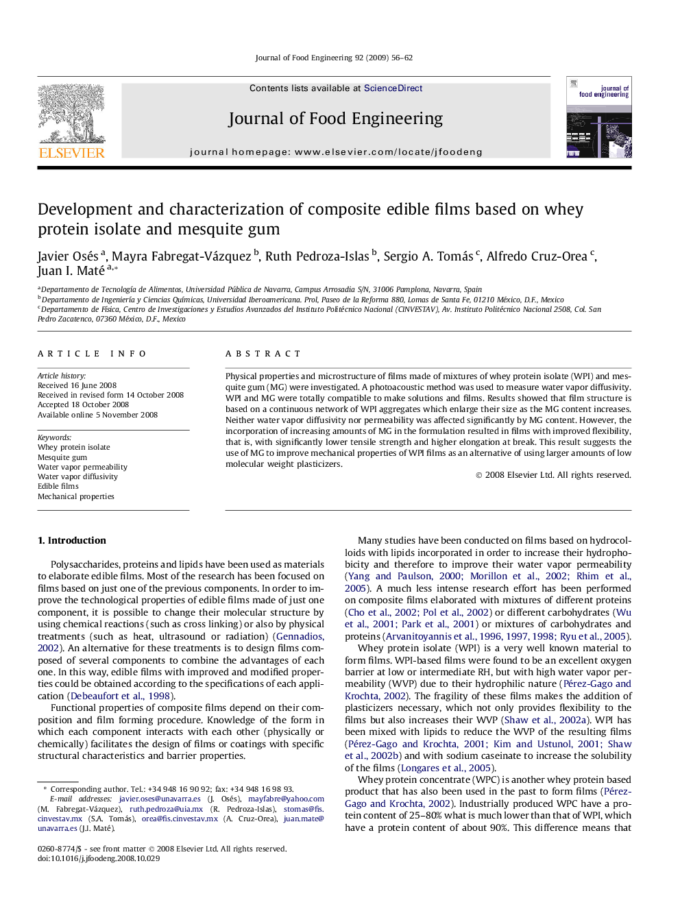 Development and characterization of composite edible films based on whey protein isolate and mesquite gum