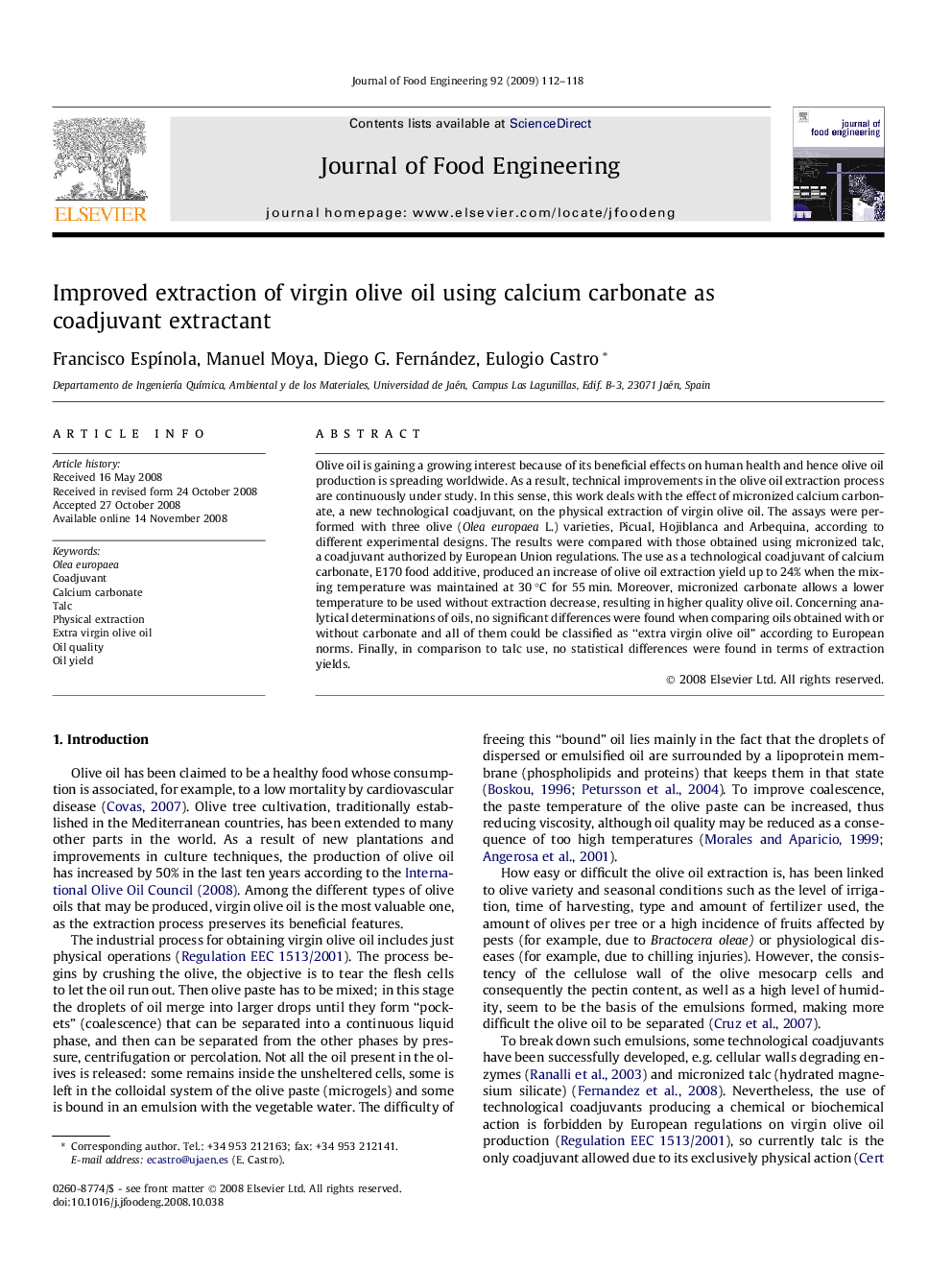 Improved extraction of virgin olive oil using calcium carbonate as coadjuvant extractant