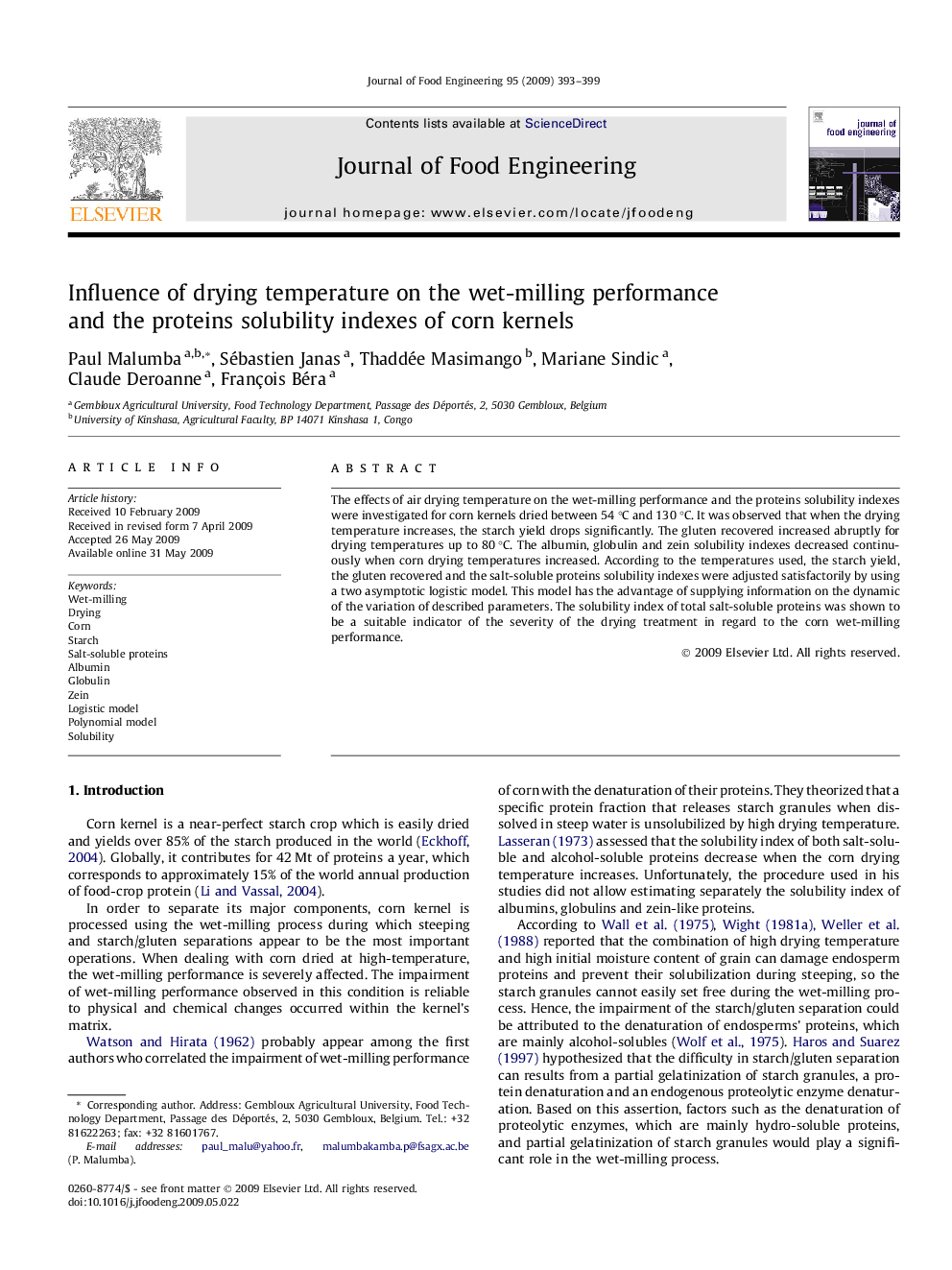 Influence of drying temperature on the wet-milling performance and the proteins solubility indexes of corn kernels