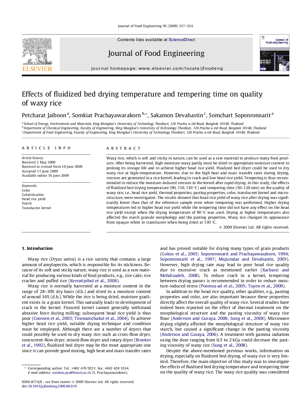 Effects of fluidized bed drying temperature and tempering time on quality of waxy rice