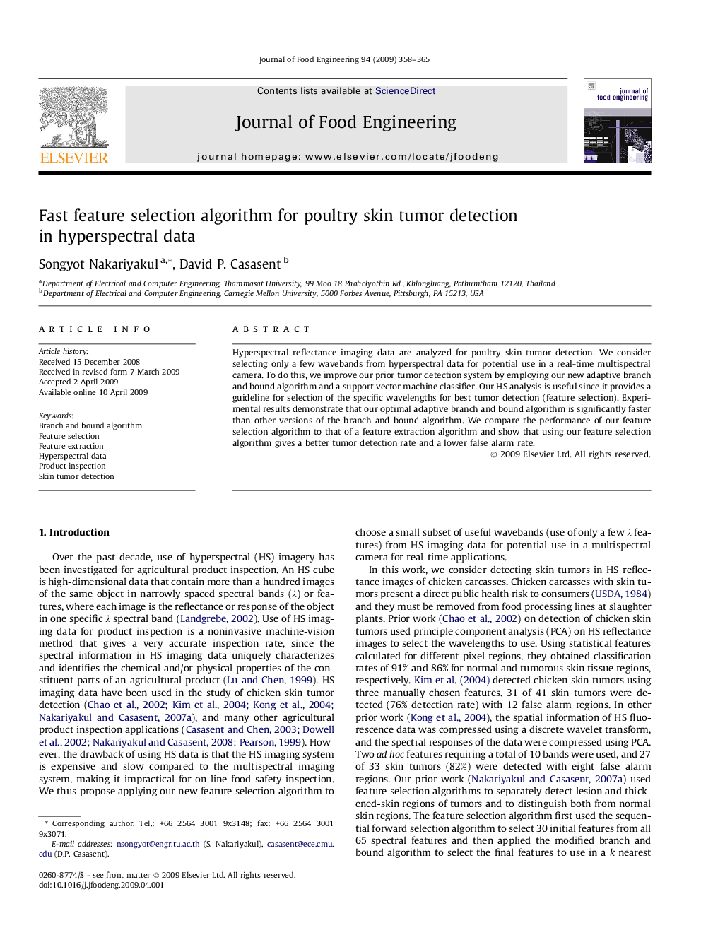 Fast feature selection algorithm for poultry skin tumor detection in hyperspectral data