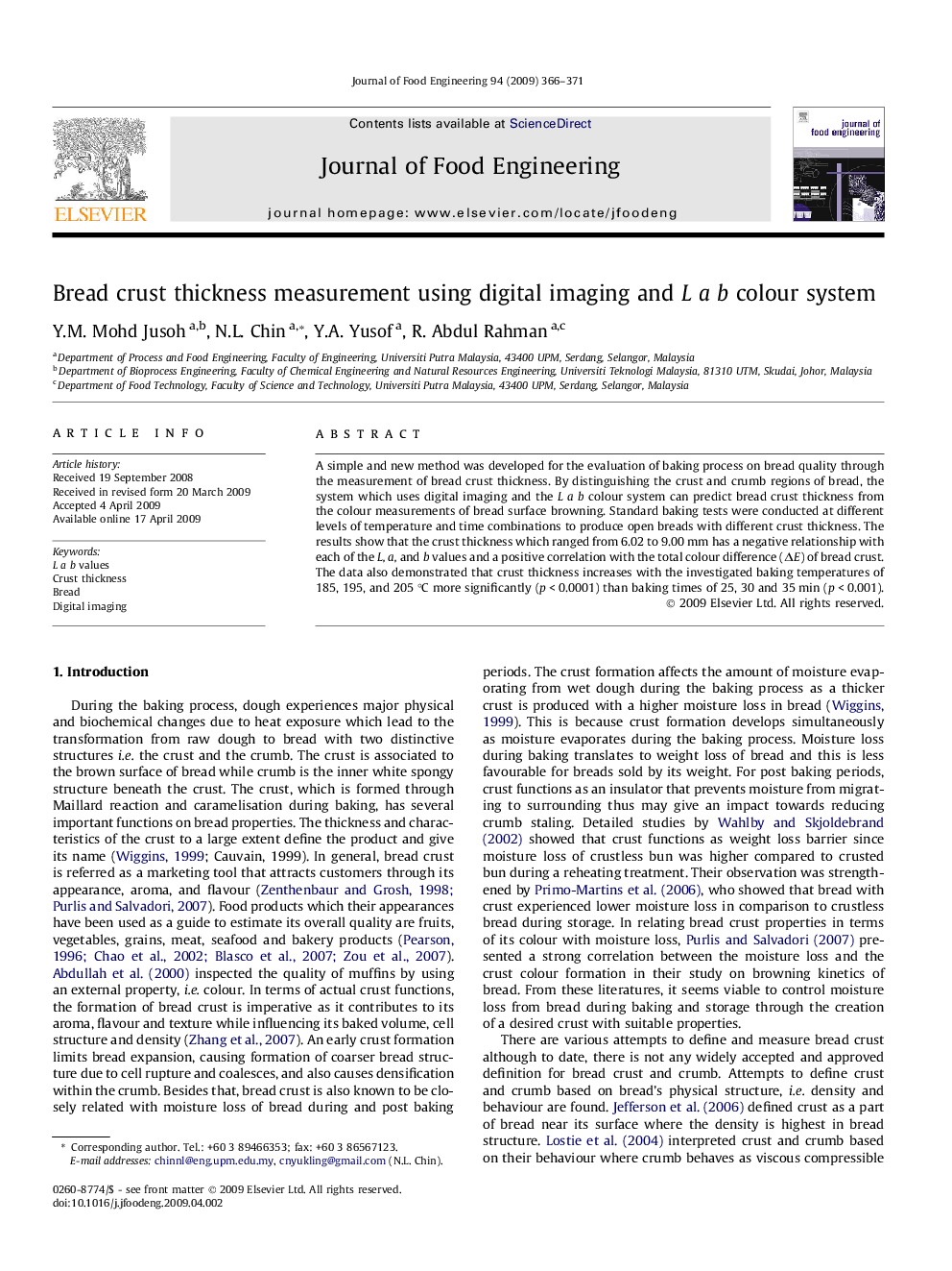 Bread crust thickness measurement using digital imaging and L a b colour system