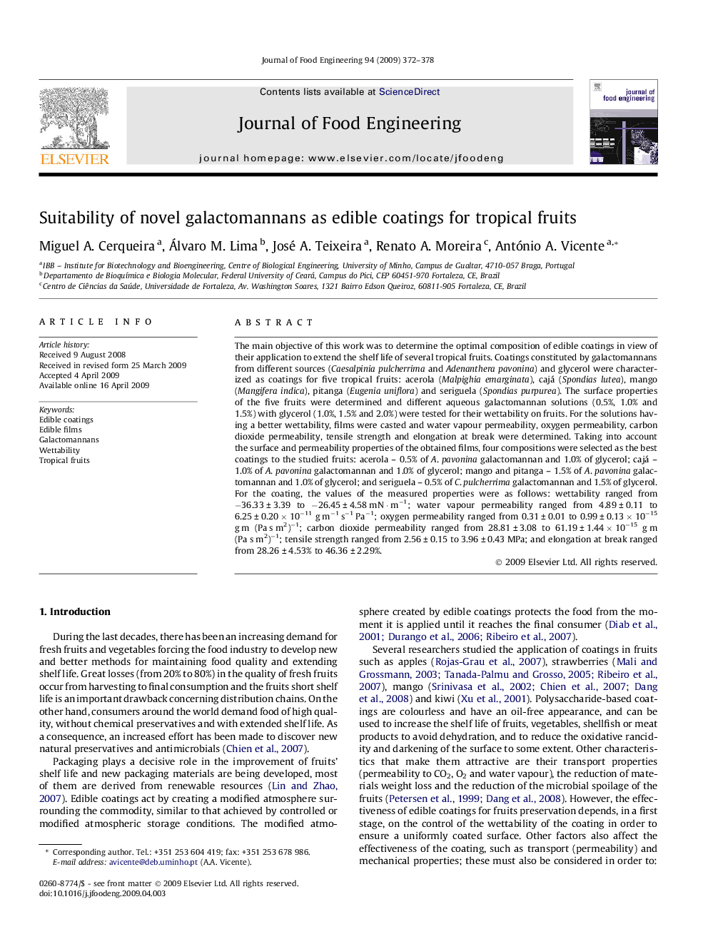 Suitability of novel galactomannans as edible coatings for tropical fruits