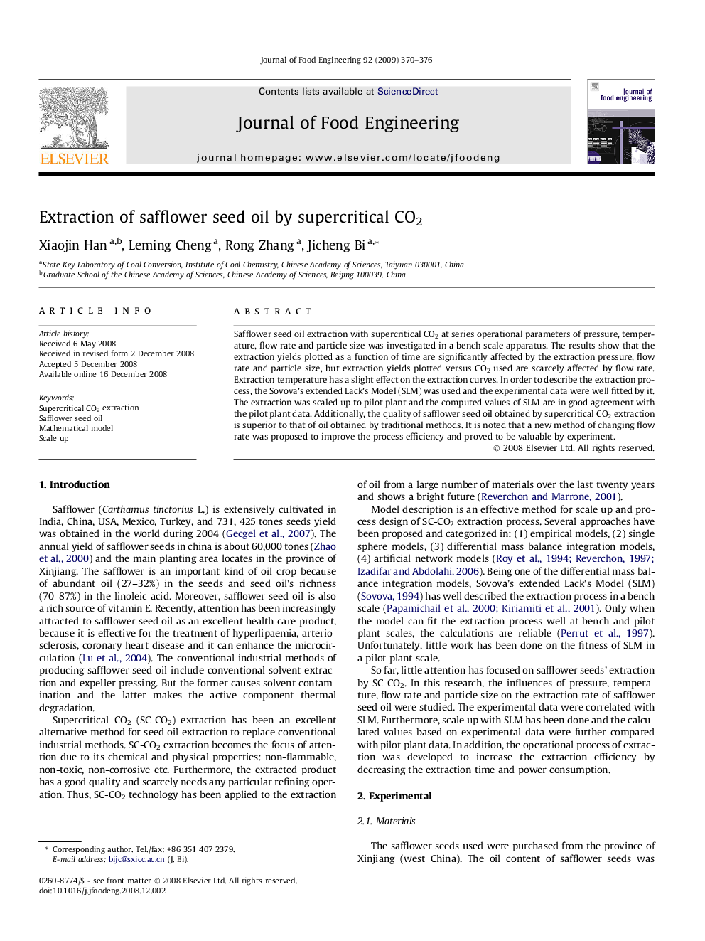 Extraction of safflower seed oil by supercritical CO2