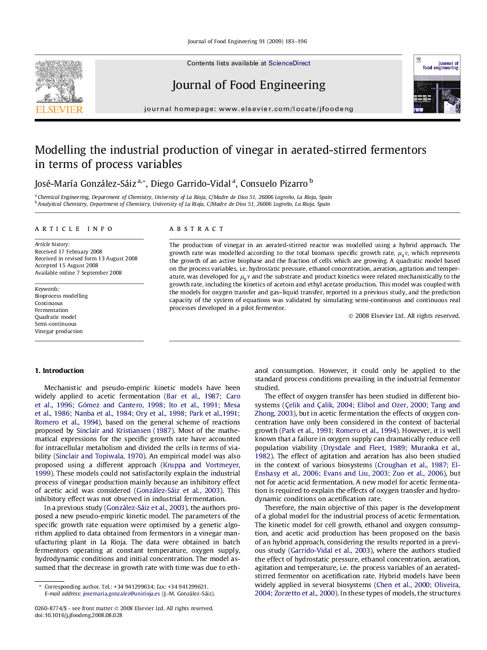 Modelling the industrial production of vinegar in aerated-stirred fermentors in terms of process variables