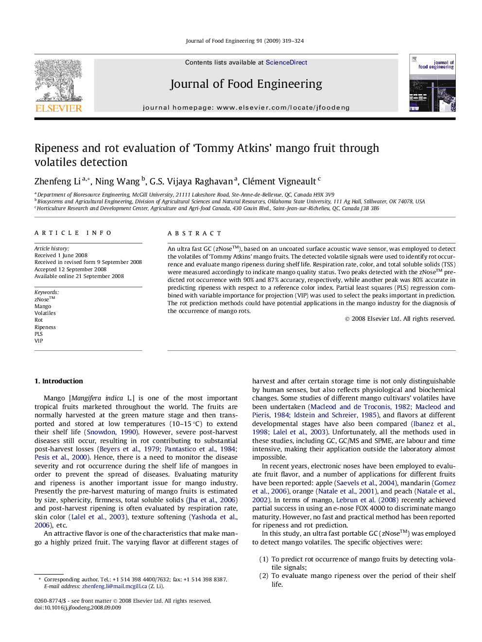 Ripeness and rot evaluation of ‘Tommy Atkins’ mango fruit through volatiles detection