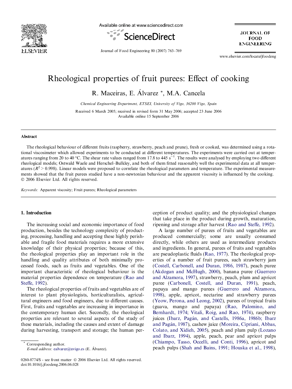 Rheological properties of fruit purees: Effect of cooking