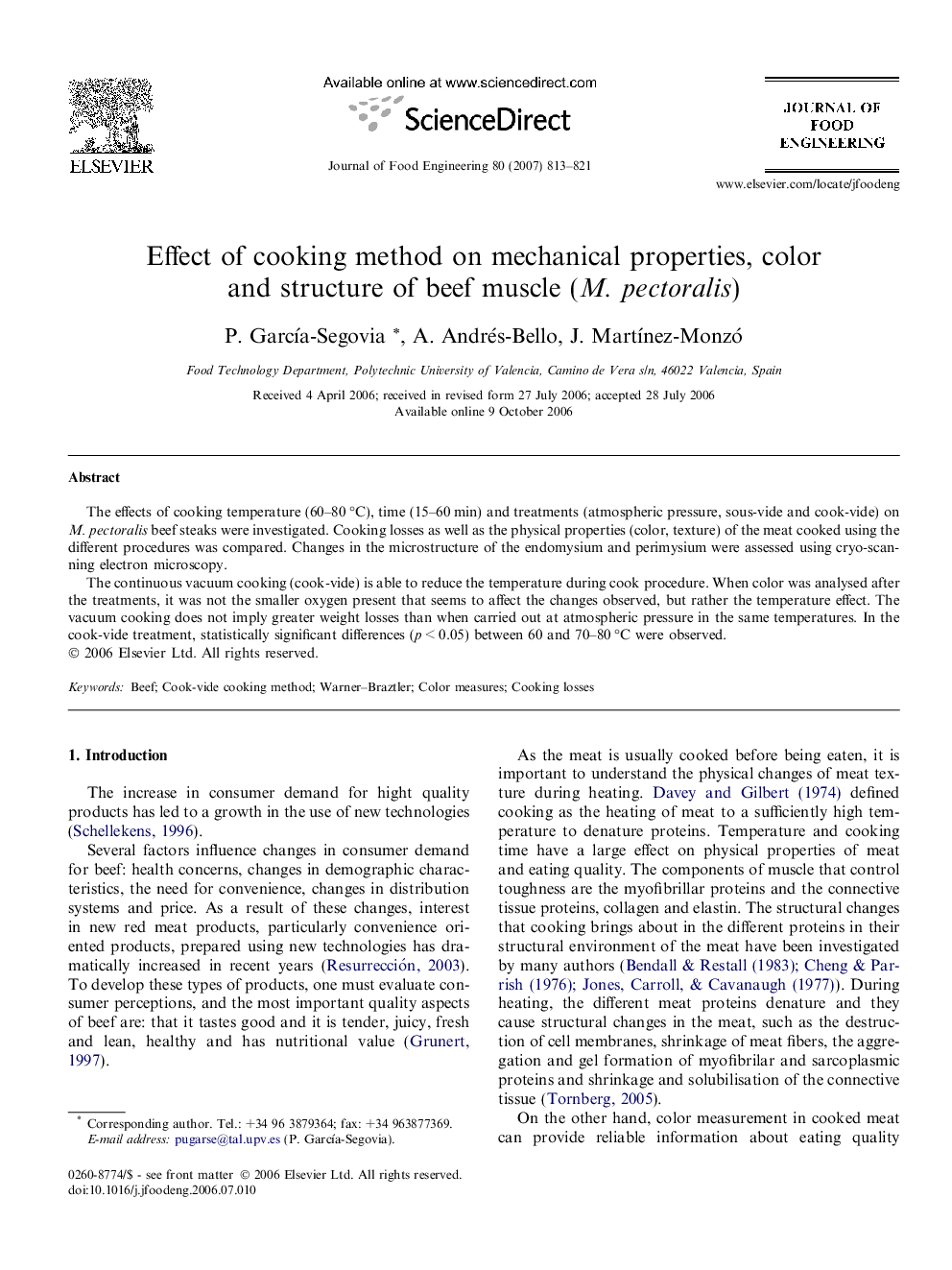 Effect of cooking method on mechanical properties, color and structure of beef muscle (M. pectoralis)