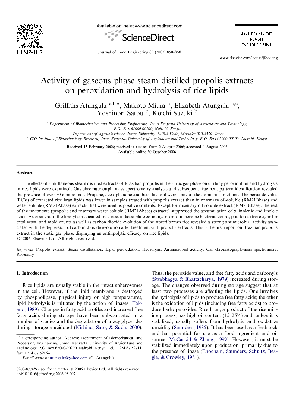 Activity of gaseous phase steam distilled propolis extracts on peroxidation and hydrolysis of rice lipids