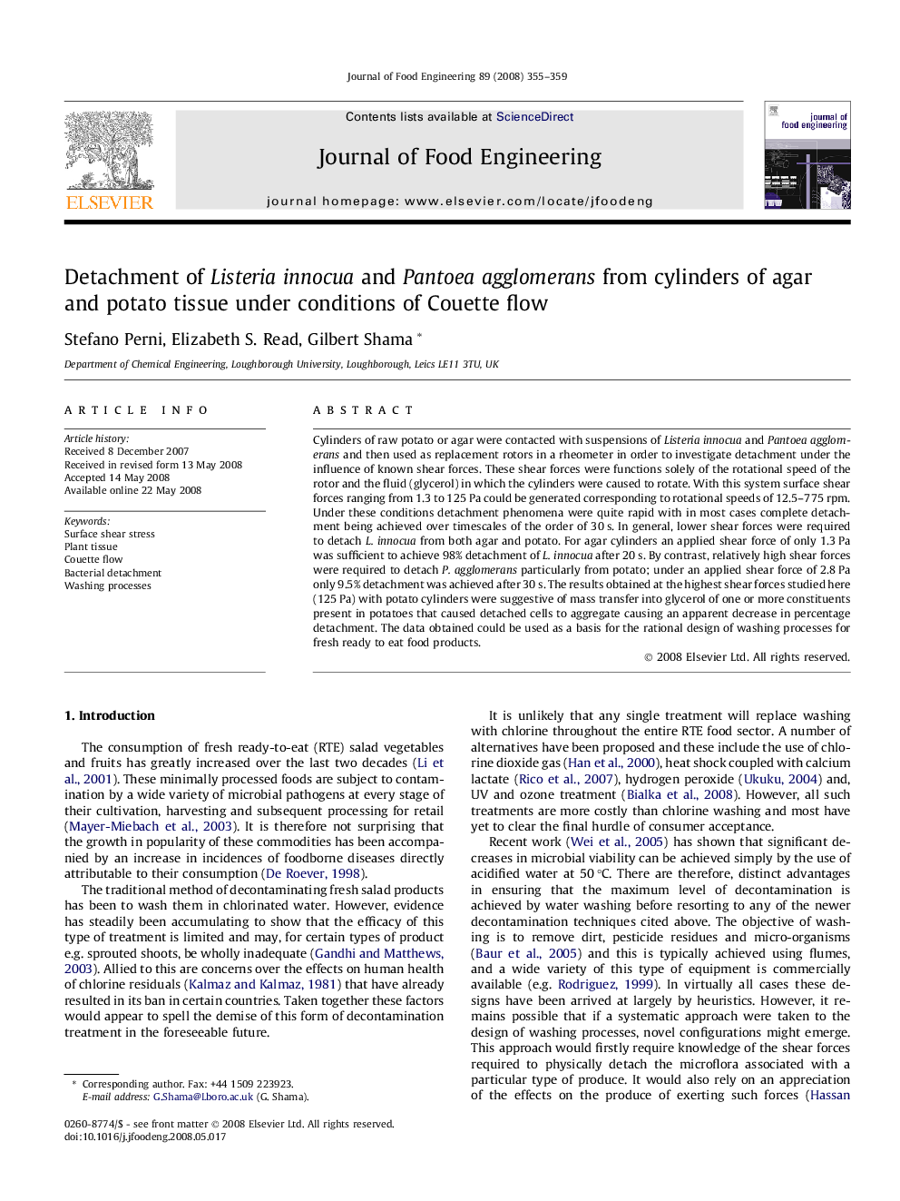 Detachment of Listeria innocua and Pantoea agglomerans from cylinders of agar and potato tissue under conditions of Couette flow