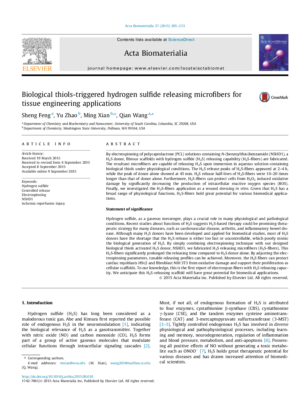 Biological thiols-triggered hydrogen sulfide releasing microfibers for tissue engineering applications