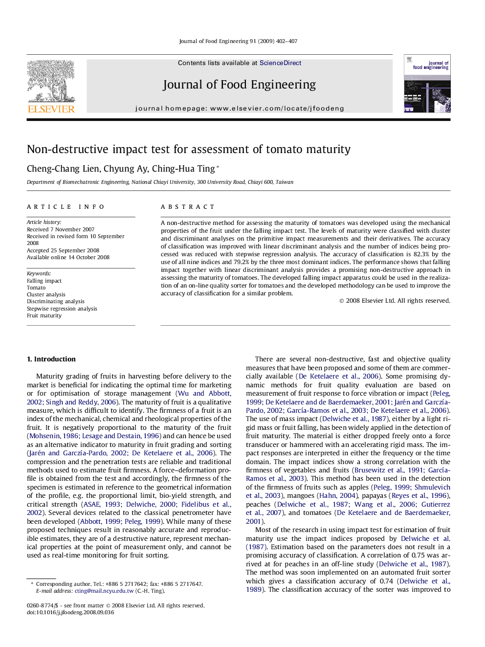 Non-destructive impact test for assessment of tomato maturity