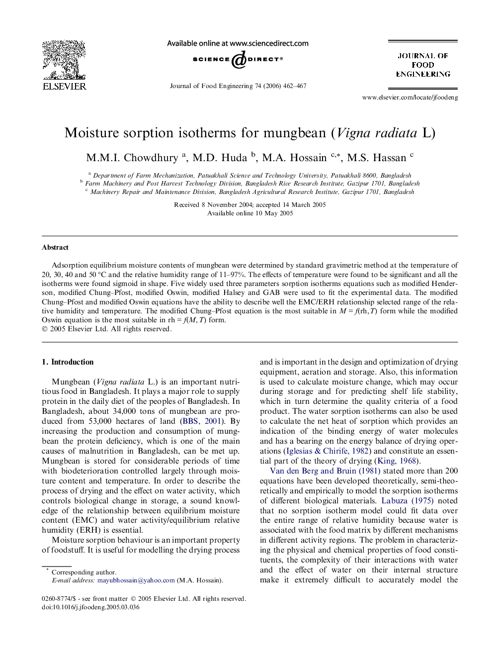 Moisture sorption isotherms for mungbean (Vigna radiata L)