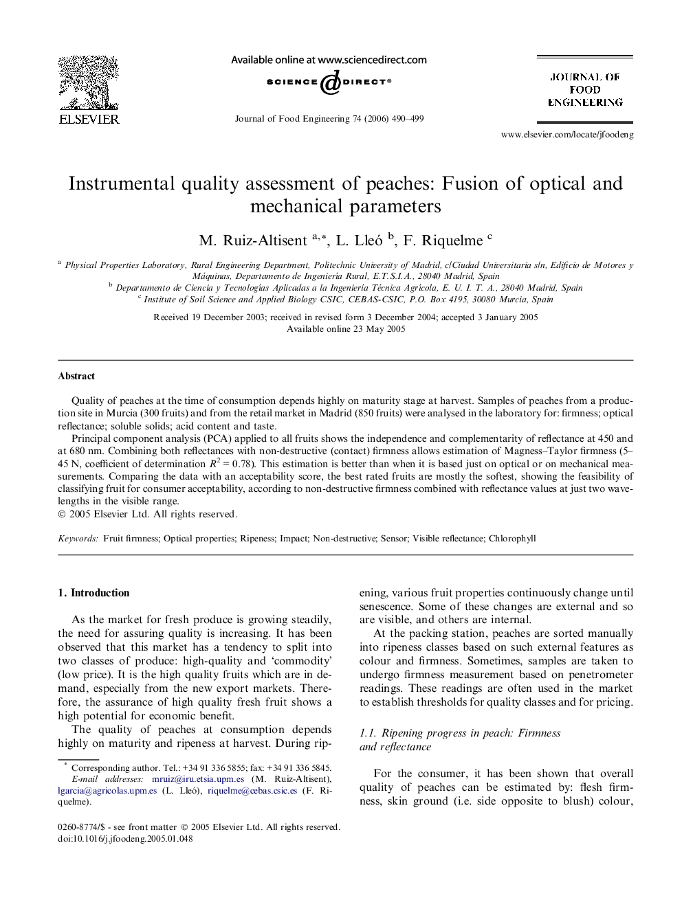 Instrumental quality assessment of peaches: Fusion of optical and mechanical parameters