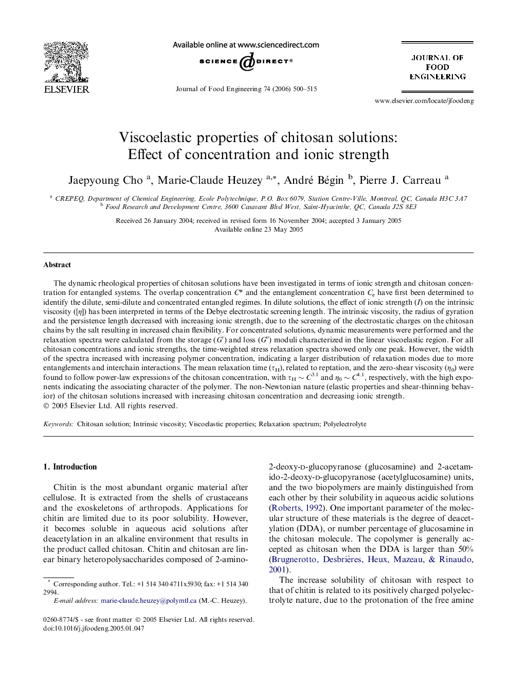 Viscoelastic properties of chitosan solutions: Effect of concentration and ionic strength