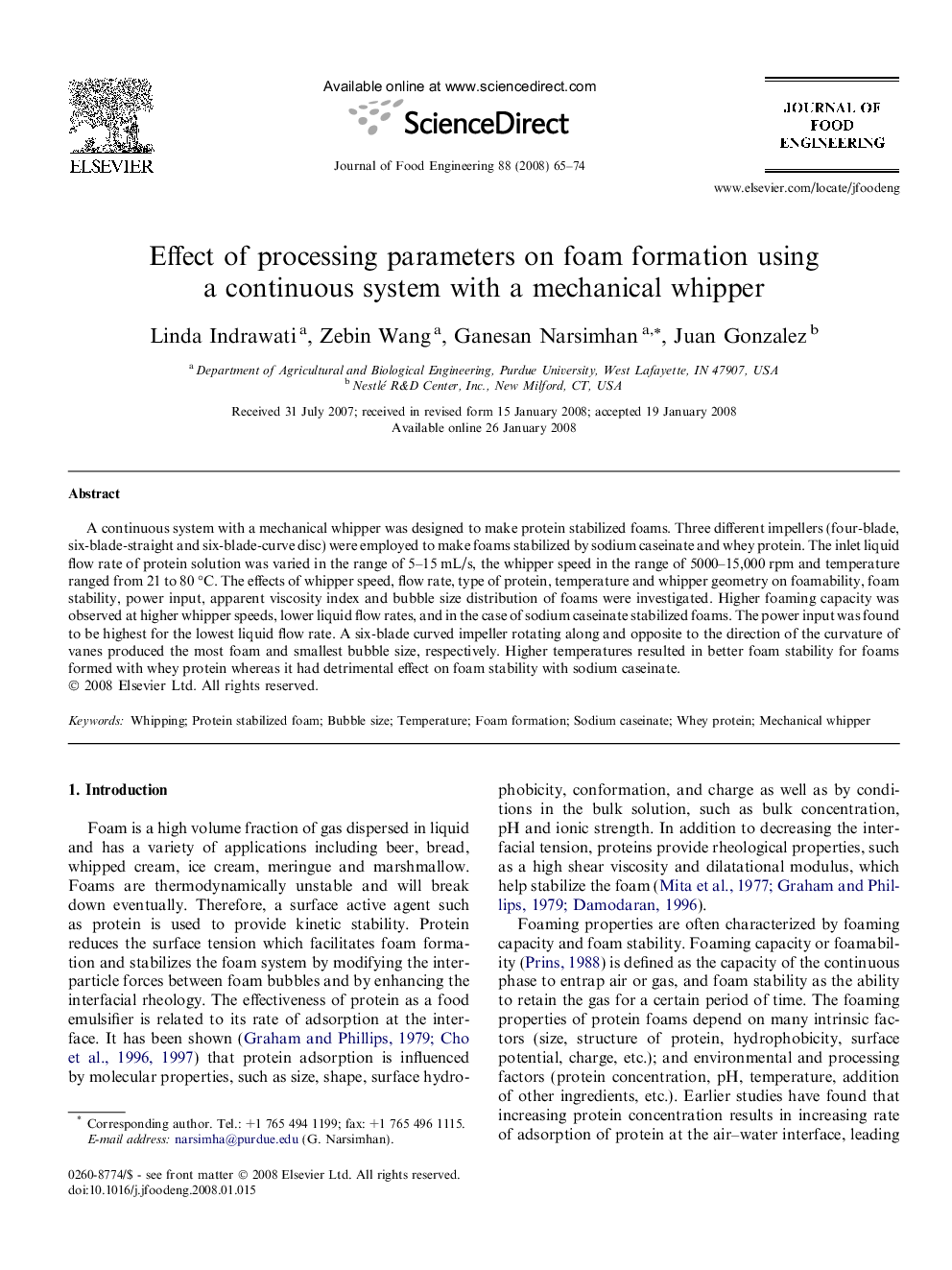 Effect of processing parameters on foam formation using a continuous system with a mechanical whipper